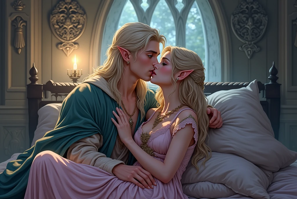 2female,(((kissing))), 24yo, (wedding dress, short, open stomach, wedding veil), lace white lingerie, blonde, woman, (elf ears), sweating, large breasts, prominent tits, beautiful face, detailed eyes, earrings, bellybutton piercing, body chains, rings,(masterpiece), (Very detailed CG unity 8K wallpaper), best quality, cinematic lighting, detailed back ground, day time, in bedroom, many candles in background