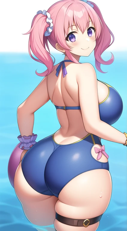 (masterpiece), (One girl), (Tsumugi Swim), (Large scale), (Pink Hair), (Twin tails), (Purple Eyes), (smile), (:○), (c○ral reef), (In the water), (bubble:1.1), (thigh), (Blue swimsuit), (l○○king back:1.1), (fr○m behind:1.4), (Large Breasts), (Huge Ass), (cl○se up ass), (○range b○w), (thigh strap), (Wrist scrunchies)