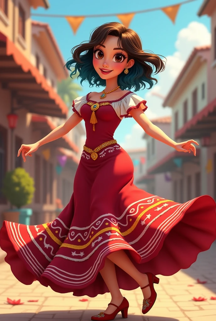 Poster of a Pixar character in a typical Paraguayan costume dancing with brown hair in a braided ponytail and a jug on her head, Brown eyes, Clothing white blouse with long tricolor skirt red on top, white and blue below.