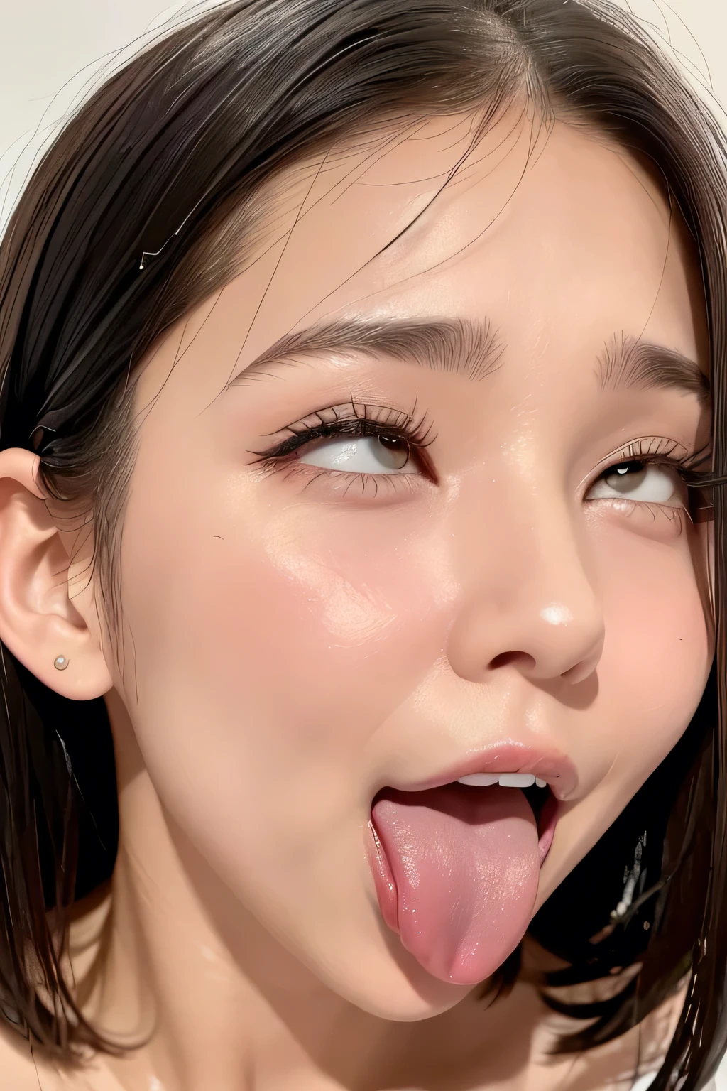 Miranda Kerr、High resolution realistic photos,8k,Realistic skin texture,to be born々New People々々,1 girl,Tabletop,,Awards - Winning Photos, Very detailed, Keep your eyes focused, Nose and mouth,Face Focus, Extreme close up of face、Woman with open mouth and closed eyes, Black camisole、20-year-old,Black-haired、Symmetrical face,Realistic nostrils、Angle from below、Elongated C-shaped nostrils,((Gray background))、Sweaty skin、Lighting that highlights glowing skin caused by sweat、((Sharp Nose))Skin shiny with sweat、Shiny skin、Sweaty hair、sunlight、(Brow wrinkles)((Frowning))(Cum on tongue)、Deep Kiss、((Thin eyebrows))Oily skin、Glowing Skin、double eyelid、Wet and shiny tongue、Tied Hair、Updo、Lift your head,tongue out, ahegao, drooling, long tongue, saliva trail