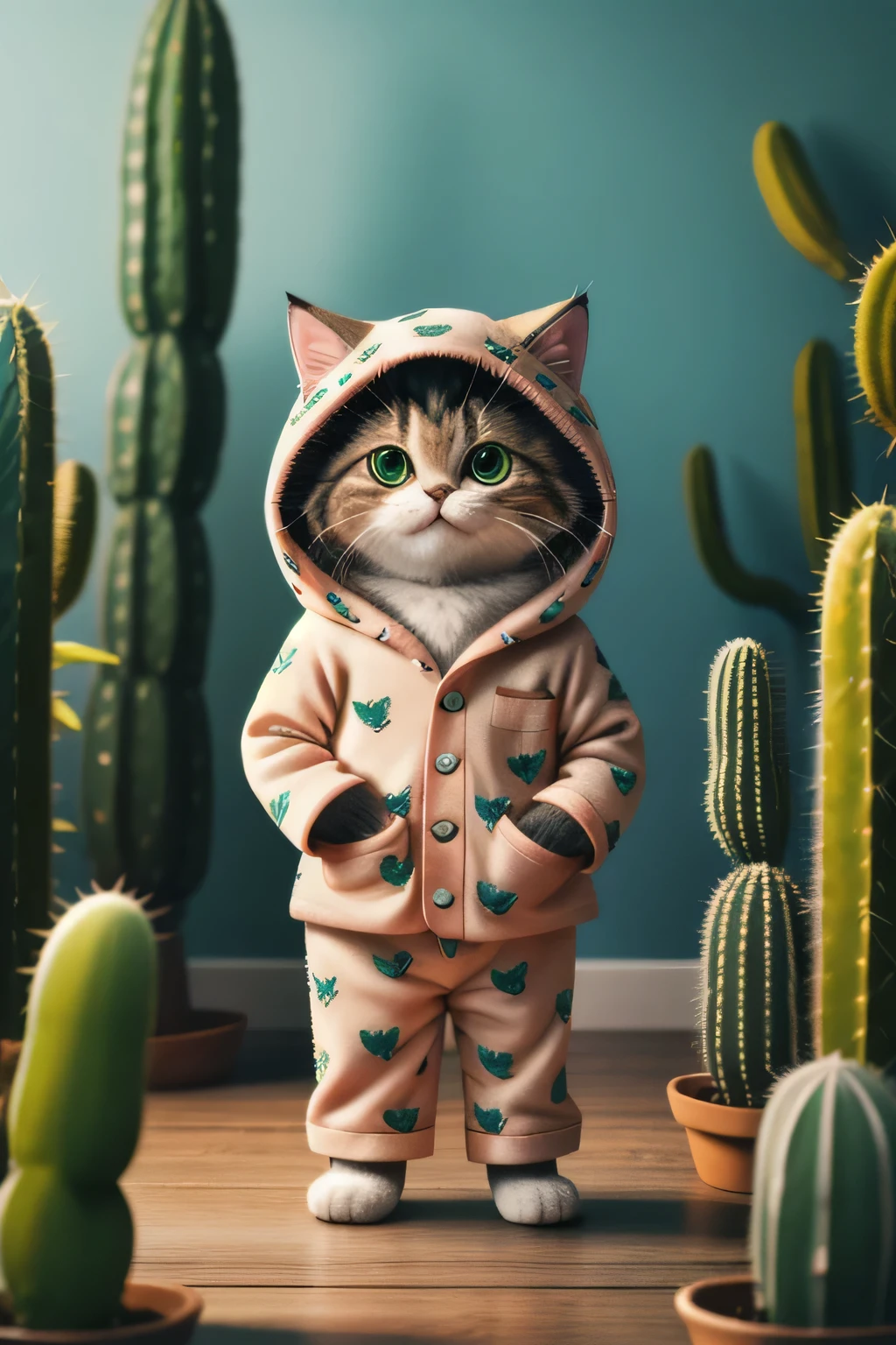 high quality、4K、Kitten in cactus-shaped pajamas、Standing、Laughing、Wearing a hood