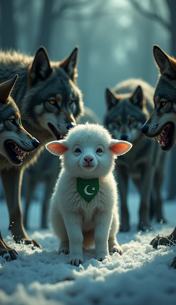 Imagine a fluffy sheep ,in Pakistani flag color, in the center of the image. It looks vulnerable and innocent. Surrounding the sheep are several wolves with intense expressions. The wolves are in various poses, some with their teeth showing and others with a more cautious stance. The background could be a dark, ominous forest or a stark, wintry landscape to enhance the sense of danger.