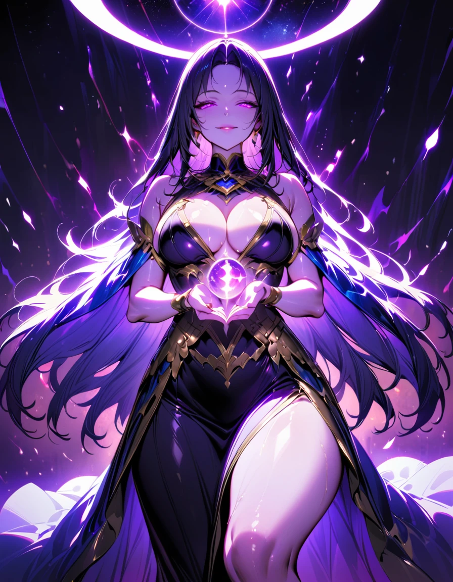 1 mature woman,,(Highest quality,Extremely detailed depiction,Incredibly absurd high resolution,Anatomically accurate depiction,Curvy Legs,Shiny skin),(Sexy astrologer),(A face veil that hides the mouth:1.5),(Luxurious accessories,Earrings,necklace,Bracelet,Long gloves,Intricately crafted costumes,See-through,black tights),eyelash,(Purple Eyes,Detailed pupil,Half-closed eyes:1.5,Crazy Eyes,There is cleavage in the chest,Bewitching Smile,shiny purple lips),(Holding a mysteriously glowing crystal ball:1.3),background:Sea of stars:1.5,Mysterious atmosphere,Nature,universe:1.3,Milky Way,meteor