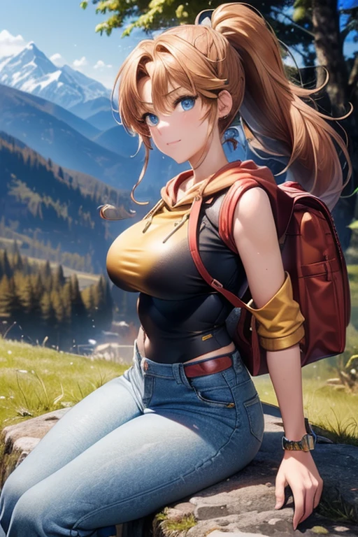 masterpiece,Best Quality,Super high-definition description,Full HD,16k,Super Resolution,Accurate human anatomy,Correct human anatomy,fun,smile,((Daytime,forest,Mountain range background)),Hiking:1.8,One Woman,Staring straight ahead,((Golden Hair,ponytail_Long Hair,Blue Eyes)),Open your eyes,expensive,Muscular,(((Abnormally large breasts_Breasts overflowing from clothes))),Long legs,(((Red hoodie_Yellow pattern,Denim pants_Long trousers,Black Backpack_Carry on shoulder,Leather trekking shoes))) ,30 years old,German,Colours of the 90s,Dynamic Angle,funシーン.