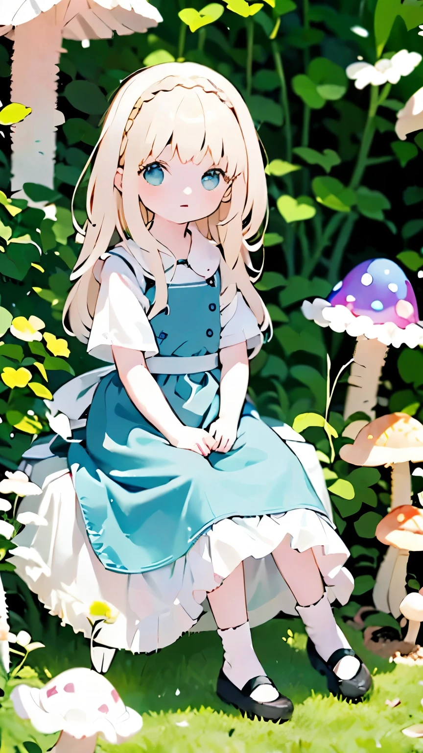 Best Quality、masterpiece、Official Art、Portraiture、Tim Burton style、不思議の国のAlice、Alice、Beige Hair、Twin French Braid、Light blue pinafore、かわいいAlice、A world of pale colors、Mushroom Forest、