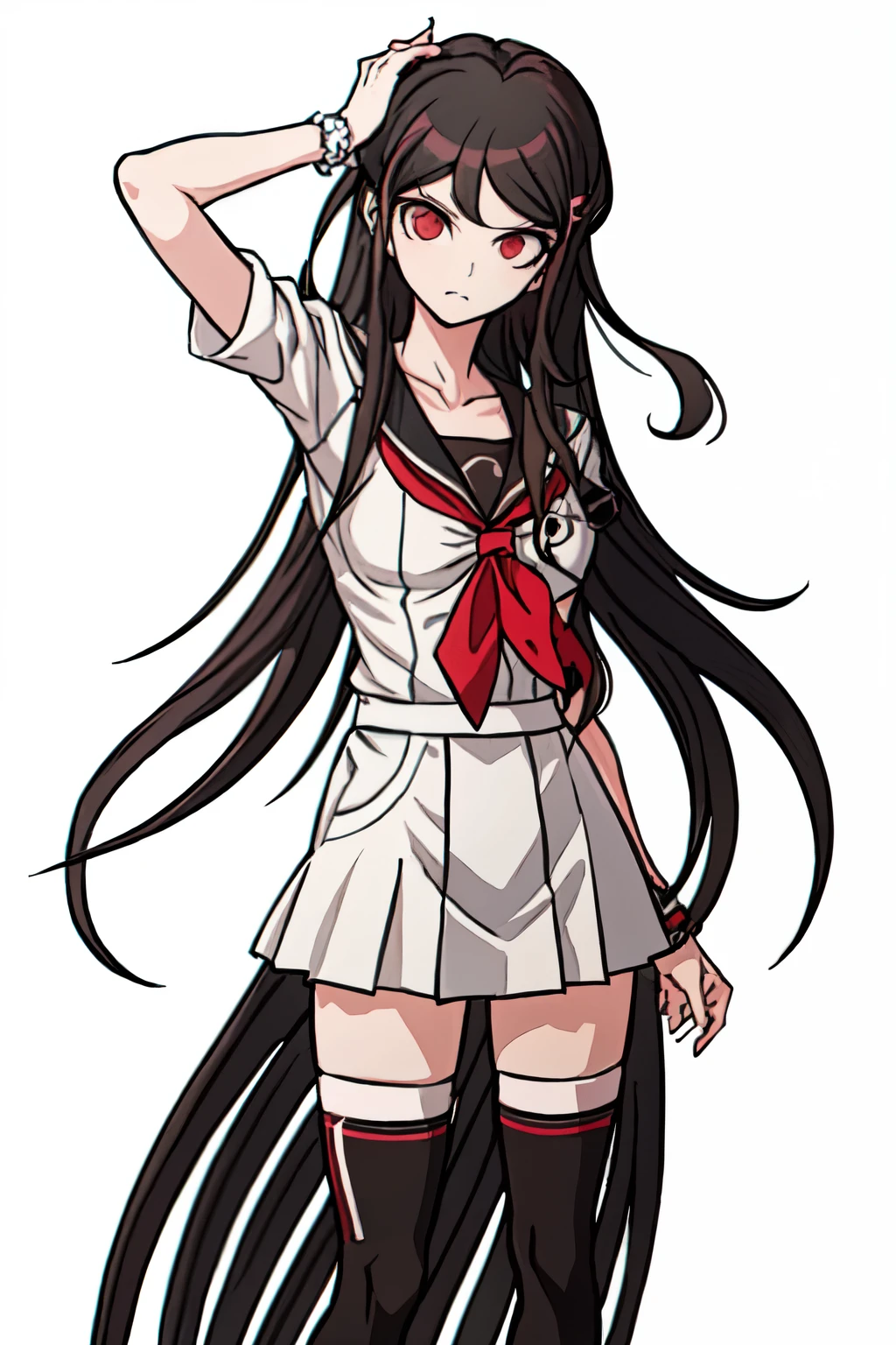 danganronpa, komatsuzaki rui, (1girl:1.3), solo, (front view:1.3), (looking at viewer:1.3), (simple background:1.4), (white background:1.2) cg, game cg, standing cg, (ultimate archer), black hair, red eyes, beauty mark, long hair, ponytail
