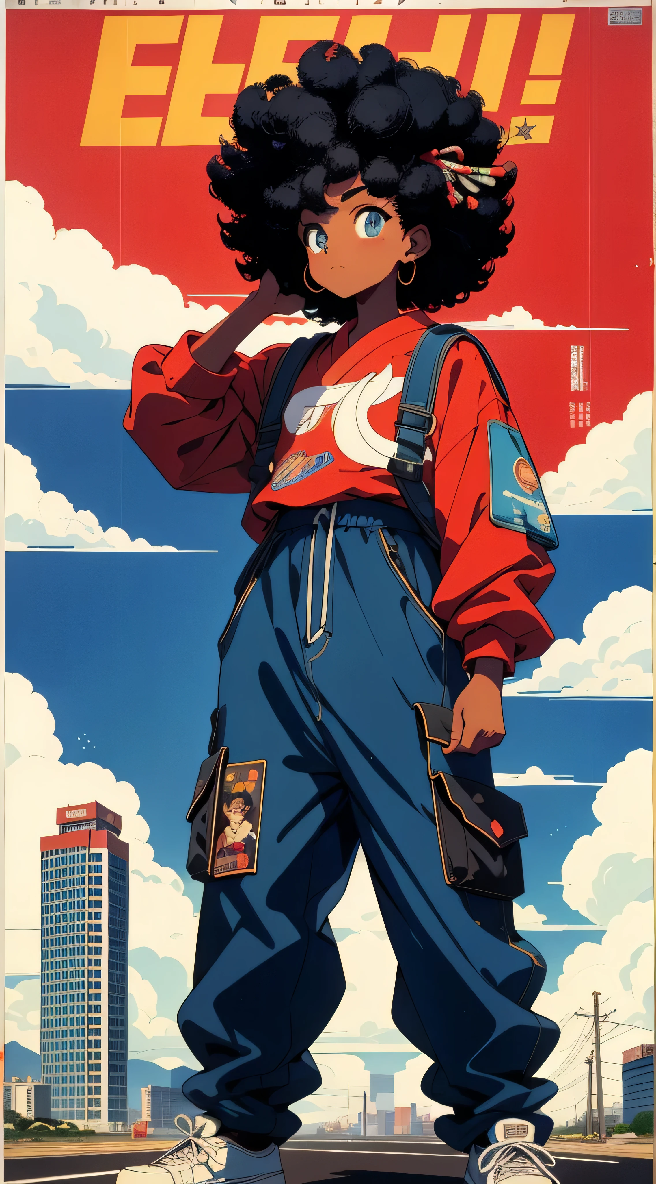 Beautiful black boy, Black Power curly hair, taper fade curly hair, baggy clothes, streetware clothes, vaporwave prints, vintage anime style , vintage poster, vintage poster, dynamic pose, cinematic angle, vivid colors, vibrant colors, blue sky, VINTAGE JAPANESE POSTER 90'S, RETRO JAPANESE POSTER 90'S, VINTAGE STYLE 90'S, JAPANESE MAGAZINE COVER 90'S