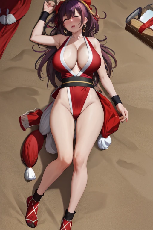 masterpiece, best quality, beautiful art, high resolution, well formed hands, body and fingers, 1 woman, solo, Ai Chan, red makeup, red lipstick,adult, grown up,  cosplaying as Mai Shiranui , mai_shiranui_cosplay, adult, large and big breasted, cleavage, full body , hair ribbon, gorgeous legs and, thighs, sexy Japanese clothes, hair ornament , sexy and bare legs , hips and thighs, panties peek, ryona,in peril, she is defeated, knocked out, passed out, closed eyes, fainting, exhausted, unconscious, laying down on the sand, extended exposed body, full body on the sand, breathing heavily, bouncing breasts, sexy defeated and KO pose, defeat and KO scene, fallen beauty, martial arts tournament with beach environment ryona,in peril, she is defeated, knocked out, passed out, closed eyes, fainting, exhausted, unconscious, laying down on the sand, extended exposed body, full body on the sand, breathing heavily, bouncing breasts, sexy defeated and KO pose, defeat and KO scene, fallen beauty, martial arts tournament with beach environment 