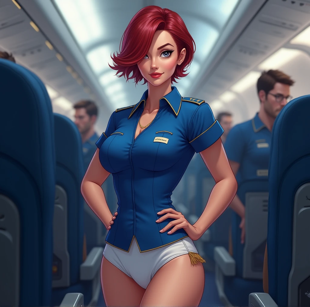 tanned redhead, businesswoman, Two girlfriends, muscular legs, muscular calves, Strong legs, muscular hips, wide thighs, Curvy hips, high-heeled sandals, tights in a net, Stiletto heels, Women's business suit with short shorts, large ring earrings, tolerates the urge to urinate, Desperate urination, Sitting on an airplane, An expression of shame on his face, confusion, Desperation on the face, anatomically correct, side-view, Realistic,