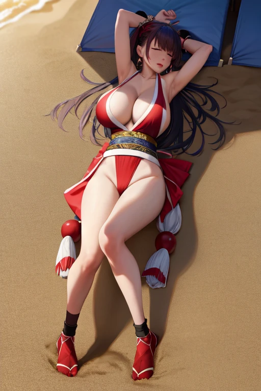 masterpiece, best quality, beautiful art, high resolution, well formed hands, body and fingers, 1 woman, solo, Ai Chan, red makeup, red lipstick,adult, grown up,  cosplaying as Mai Shiranui , mai_shiranui_cosplay, adult, large and big breasted, cleavage, full body , hair ribbon, gorgeous legs and, thighs, sexy Japanese clothes, hair ornament , sexy and bare legs , hips and thighs, panties peek, ryona,in peril, she is defeated, knocked out, passed out, closed eyes, fainting, exhausted, unconscious, laying down on the sand, extended exposed body, full body on the sand, breathing heavily, bouncing breasts, sexy defeated and KO pose, defeat and KO scene, fallen beauty, martial arts tournament with beach environment ryona,in peril, she is defeated, knocked out, passed out, closed eyes, fainting, exhausted, unconscious, laying down on the sand, extended exposed body, full body on the sand, breathing heavily, bouncing breasts, sexy defeated and KO pose, defeat and KO scene, fallen beauty, martial arts tournament with beach environment 