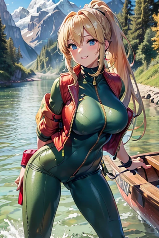 masterpiece,Best Quality,Super high-definition description,Full HD,16k,Super Resolution,Accurate human anatomy,Correct human anatomy,fun,smile,((Daytime,Mountain stream,Mountain range background)),Boat ride:2.8,One Woman,Staring straight ahead,((Golden Hair,ponytail_Long Hair,Blue Eyes)),Open your eyes,expensive,Muscular,(((Abnormally large breasts_Breasts overflowing from clothes))),Long legs,(((Green bodysuit_turtleneck_Central zipper,Red life jacket))) ,30 years old,German,Colours of the 90s,Dynamic Angle,funシーン.