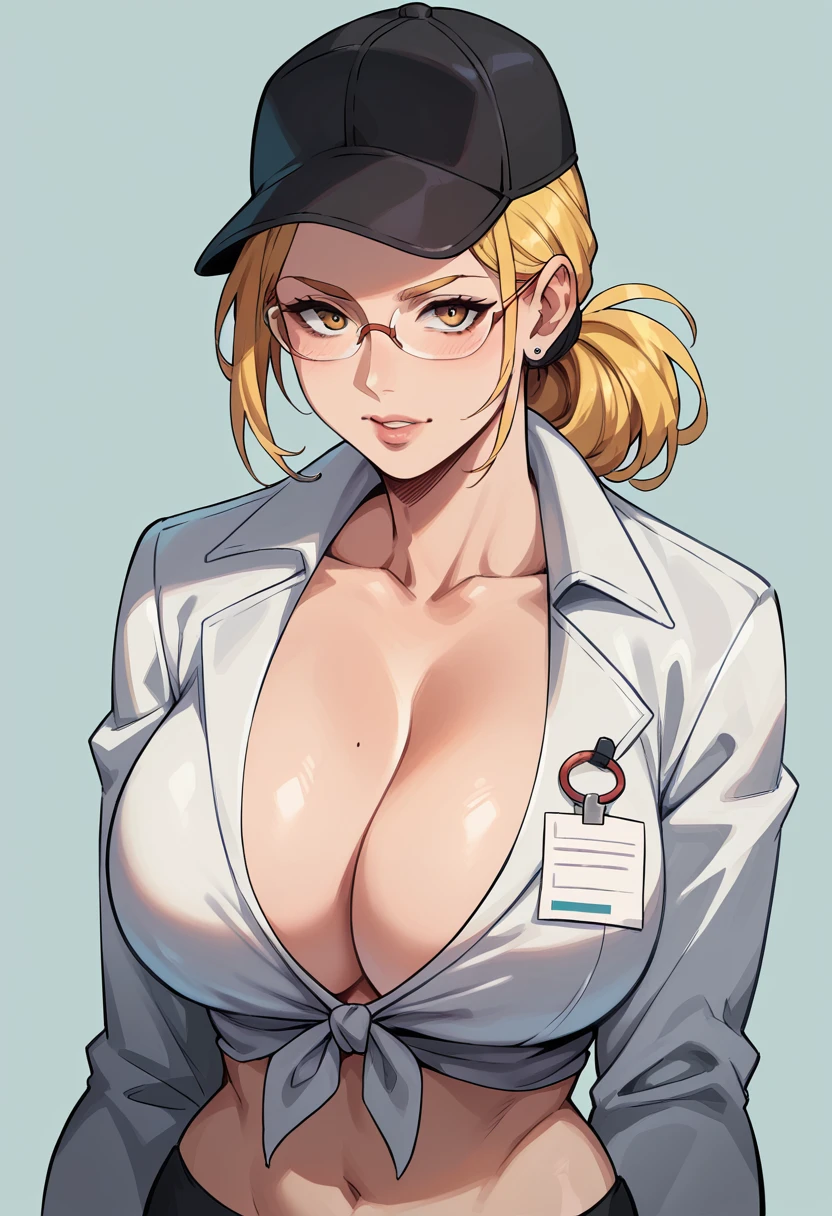 (masterpiece, top quality, Best Quality),  art,1 girl,Whole body, 
 Doctor , big breasts , sexy , black cap on head , glasses , yellow hair , tied hair