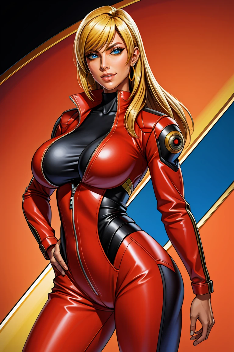 Samus Aran,ultra-quality,Photorealsitic,a red jacket,Black leather pants,An ultra-high picture quality,Digital SLR,Based on anatomical grounds,Depicted in detail,((flat breast:0.5)),A slight smil,Detailed face,