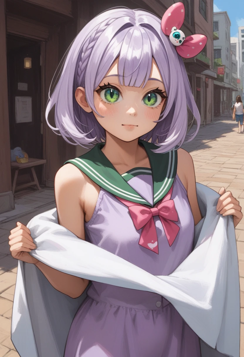 whole body, standing, 1 girl, (baby face, big eyes:1,2), Light purple heir, medium hair, bob hair, (green eyes:1.2), (Light purple sailor collar:1.3), sleeveless, Camisole, Pink ribbon hair ornament,(Loose-fitting light purple arm covers:1.2), Navy blue hot pants with a slit in the front, Anime Girls, Soft anime illustration, Smooth anime CG art, (Virtual YouTuber Model:1.1), Cute girl anime visuals, (Anime Style:1.2), outdoor,