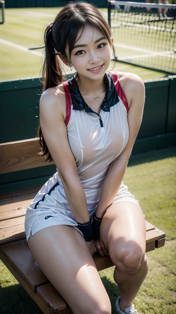 Pure Japanese tennis girl, outstanding body, shiny white skin, sweat and wet, wearing tennis wear, natural hairstyles, sweet smile, sitting seductively on bench, secretly seduce me, sexual attractive, spread wide legs, refreshing in early summer morning, professional portrait photography, 