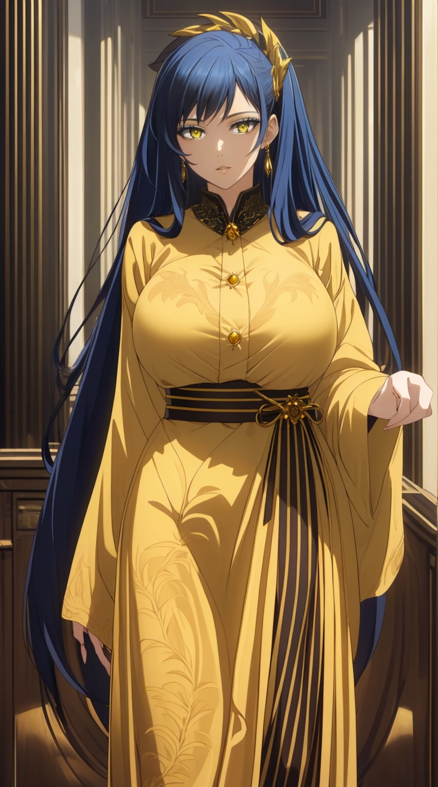  1 mature woman, blue hair , long hair, yellow eyes, Big breasts, firm skin, hair intake, (exquisite character details, beautiful lips, beautiful yellow eyes, pretty face, handsome and properly dressed), extremely detailed 8k wall unit, (Alone:1.5), extremely detailed city center as background, (black wicker outfit with yellow stripes totally suitable, closed clothes) releasing waves of energy 