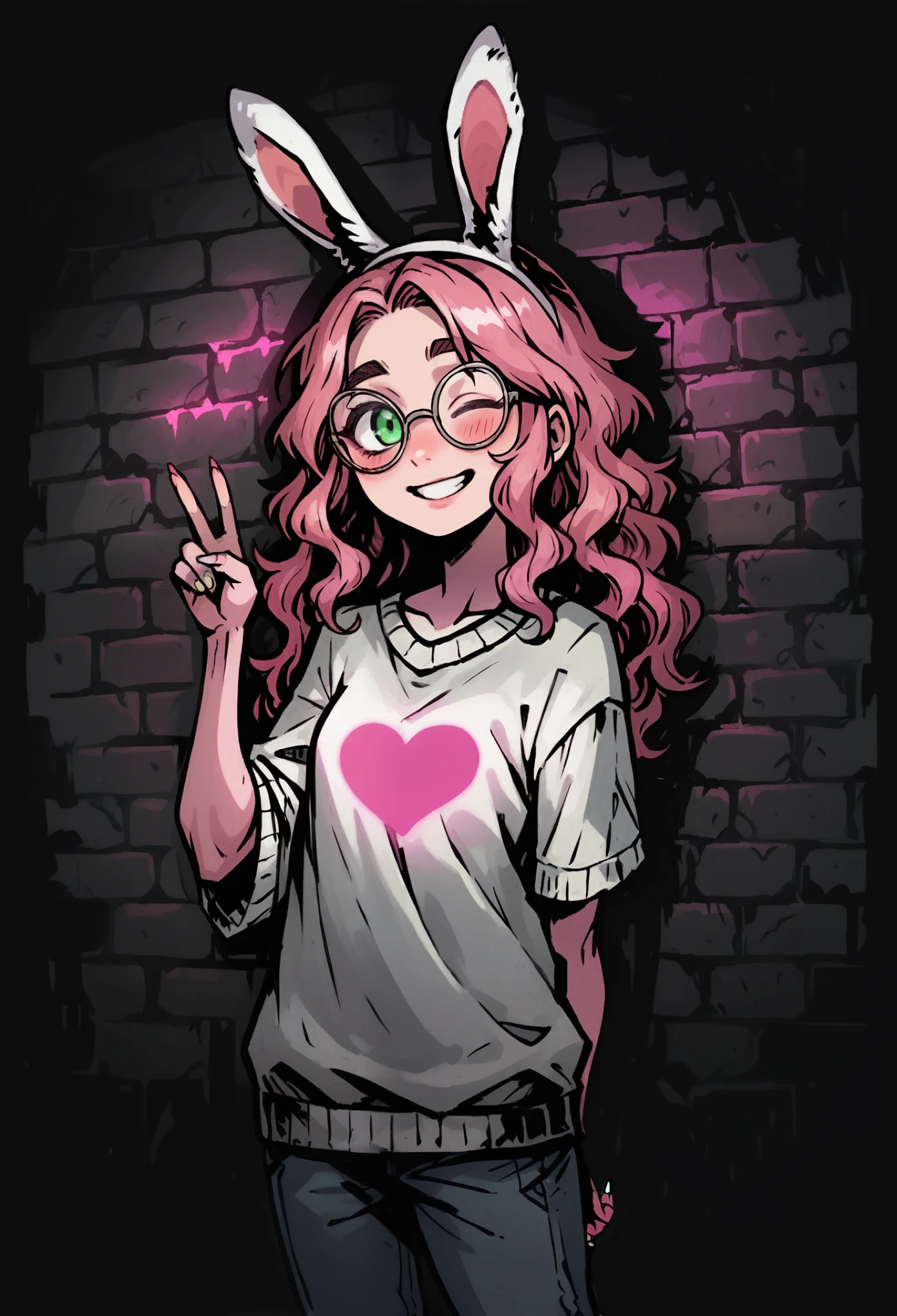 Medium close-up of a pale, slender girl, long wavy hair, korean pink hair, thick eyebrows and contrast green eyes. She is short and has a playful expression with one eye closed, a smile, blush, and big, oversized glasses. Her face is ultra-clear and finely detailed. One arm behind back. Second arm victory sign fingers. She wears oversized striped pink-white sweater, fluffy with heart-shaped symbol. She has white nails and white woolen bunny ears. The design is highly detailed, with thick outlines and dramatic lighting, inspired by Chris Bourassa. Bunny ears neon. The background features a weathered brick wall with pink neon lights, creating dark and atmospheric scene. Highly detailed, inspired by Chris Bourassa's. Dramatic lightning, a pink neon lamp lights. Somber character design with thick outlines.