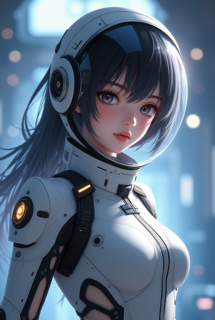 mech necomimi & maid head cap,realistic and intricate perfect beauty face,flat chest,,perfect sharp blue glowing eyes, detailed face,((in realistic neon-lit sci-fi white plugsuit metal mech parts and with neon-lit lights)), sit a silver box,masterpiece,