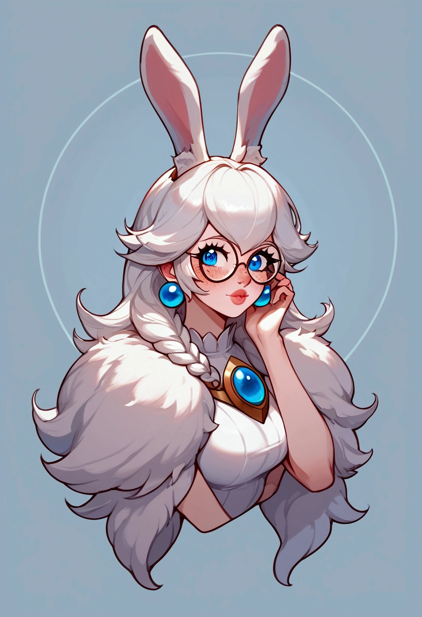 score_9, score_8_up, score_7_up, Aurora (League of Legends), 1 girl, blue eyes, white hair, sexy, round glasses, freckles, bunny ears, full body, Princess Peach dress (Mario Bros), squinty eyes, earrings, long eyelashes, sexy, big bust, beautiful face,