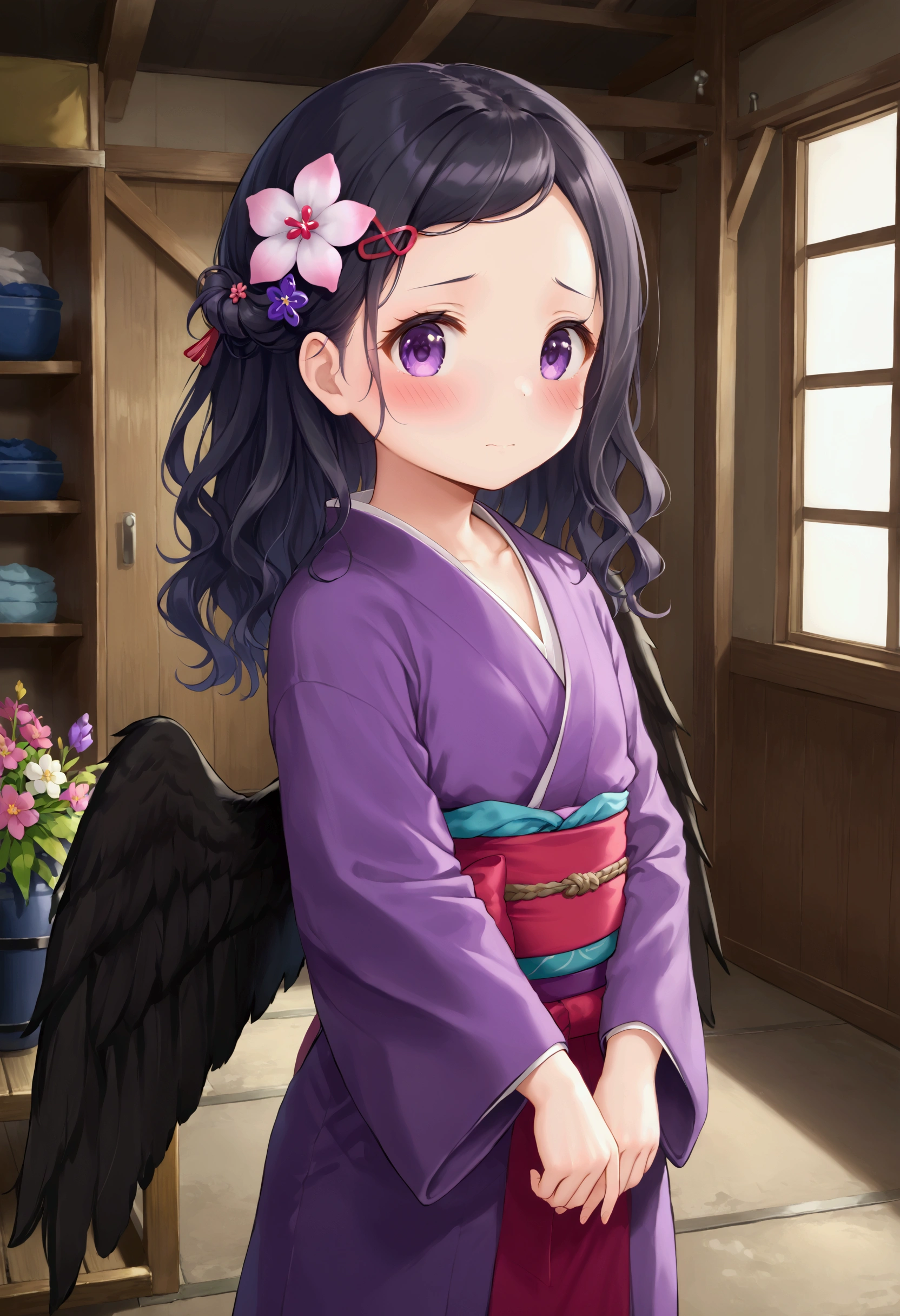 Small short young looking girl, Black wings on her back, wearing a cute purple kimono with flowers on it, kimono is tied up with a bow, long wavy black hair, timid and blushing expression, flat chest, fully clothed, standing in a warehouse, cute decorative hair pin, cute shy pose, flower in hair.