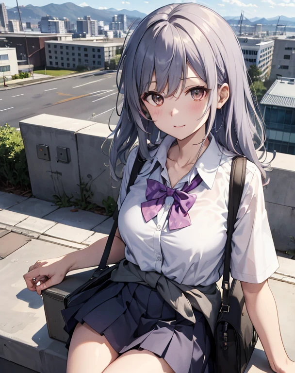 score_9, score_8_up, score_7_up, source_anime, BREAK 1girl, solo, looking at viewer, outdoors, school, rooftop, blue sky, cloud, sitting, leaning forward, cityscape, japan, yumeko shikiya, long hair, grey hair, ahoge, wavy hair, hair between eyes, brown eyes, school uniform, white shirt, collared shirt, short sleeves, collarbone, cleavage, pink bowtie, purple bowtie, loose bowtie, (wrist scrunchie:0.8), sweater around waist, grey pleated skirt,
