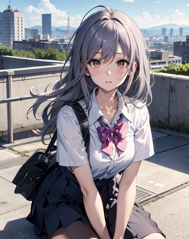 score_9, score_8_up, score_7_up, source_anime, BREAK 1girl, solo, looking at viewer, outdoors, school, rooftop, blue sky, cloud, sitting, leaning forward, cityscape, japan, yumeko shikiya, long hair, grey hair, ahoge, wavy hair, hair between eyes, brown eyes, school uniform, white shirt, collared shirt, short sleeves, collarbone, cleavage, pink bowtie, purple bowtie, loose bowtie, (wrist scrunchie:0.8), sweater around waist, grey pleated skirt,
