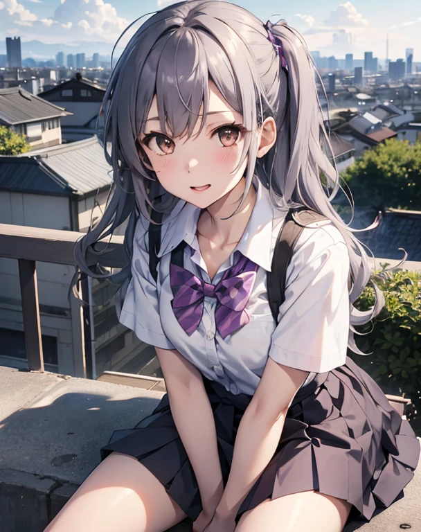 score_9, score_8_up, score_7_up, source_anime, BREAK 1girl, solo, looking at viewer, outdoors, school, rooftop, blue sky, cloud, sitting, leaning forward, cityscape, japan, yumeko shikiya, long hair, grey hair, ahoge, wavy hair, hair between eyes, brown eyes, school uniform, white shirt, collared shirt, short sleeves, collarbone, cleavage, pink bowtie, purple bowtie, loose bowtie, (wrist scrunchie:0.8), sweater around waist, grey pleated skirt,
