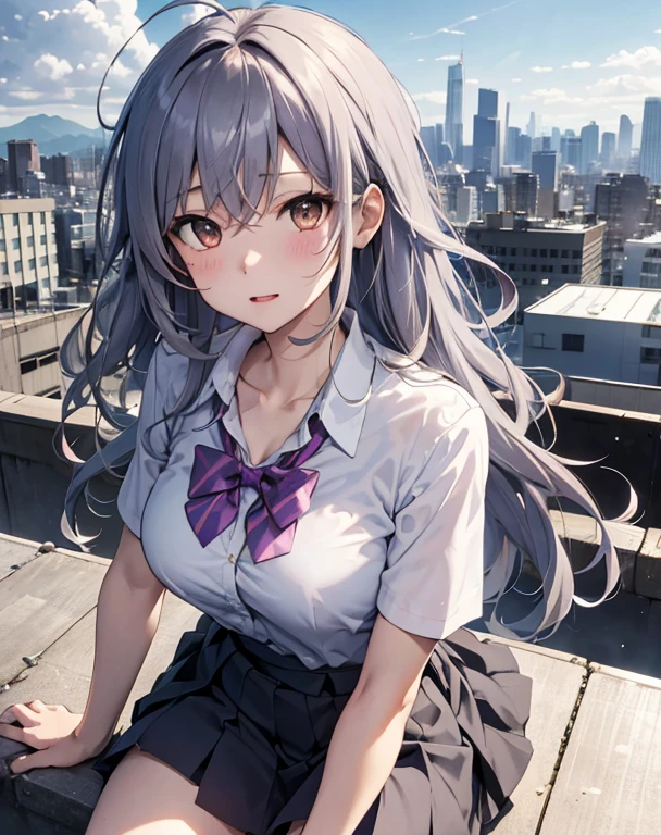 score_9, score_8_up, score_7_up, source_anime, BREAK 1girl, solo, looking at viewer, outdoors, school, rooftop, blue sky, cloud, sitting, leaning forward, cityscape, japan, yumeko shikiya, long hair, grey hair, ahoge, wavy hair, hair between eyes, brown eyes, school uniform, white shirt, collared shirt, short sleeves, collarbone, cleavage, pink bowtie, purple bowtie, loose bowtie, (wrist scrunchie:0.8), sweater around waist, grey pleated skirt,
