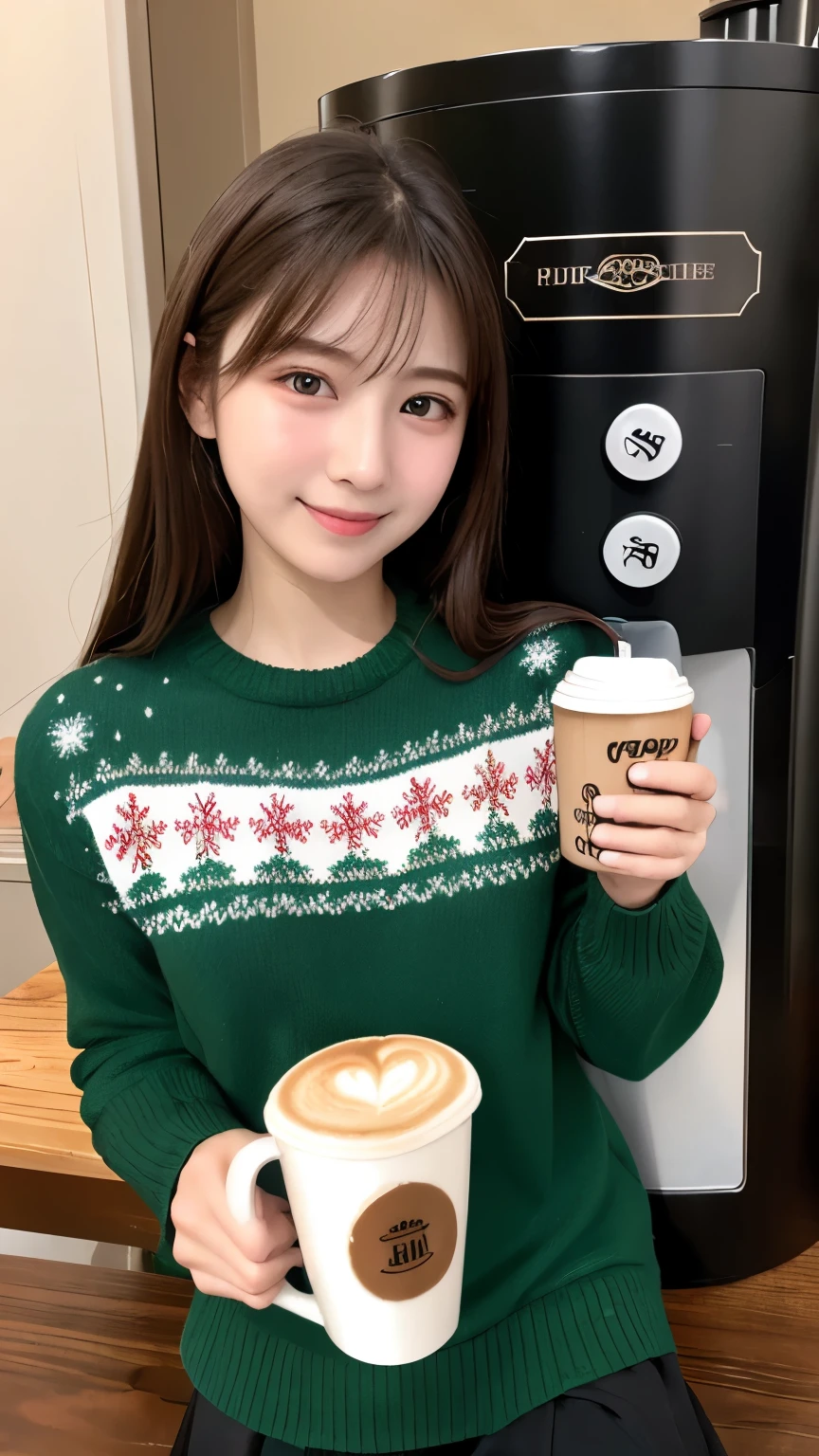 Christmas Sweaters, Cute sweater coffee machine dynamic shot fever々A cup of coffee、Seventeen year old high school girl、