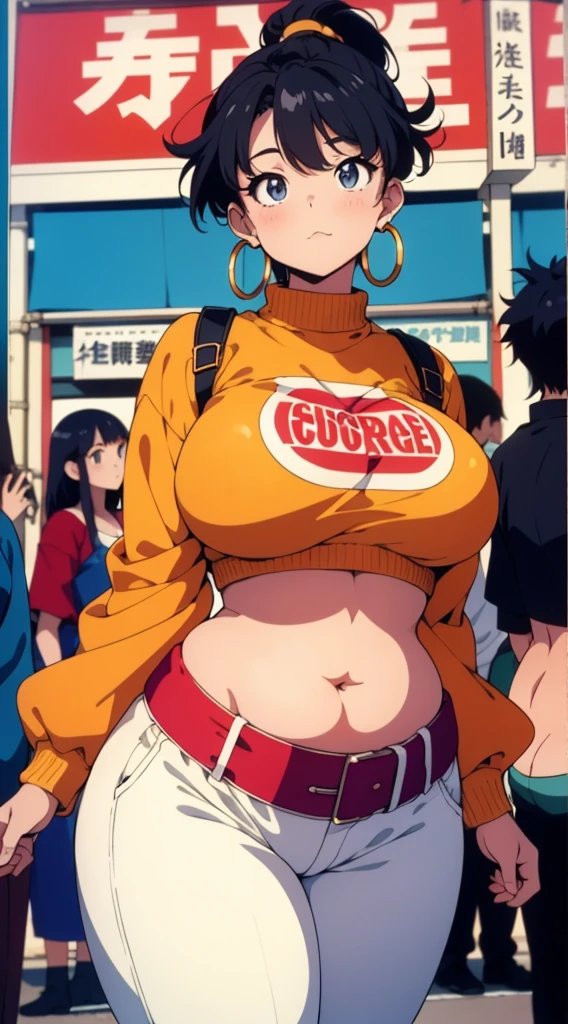 Beautiful chubby girl, chubby, short black hair, hoop earrings, big breasts, Printed crop top, wide pants, steamy atmosphere, 90s anime style, 90s vintage japanese poster, 90s vintage japanese poster , cinematic angle, soft colors, (((Chubby))) (((Wide hips))), (Poster)