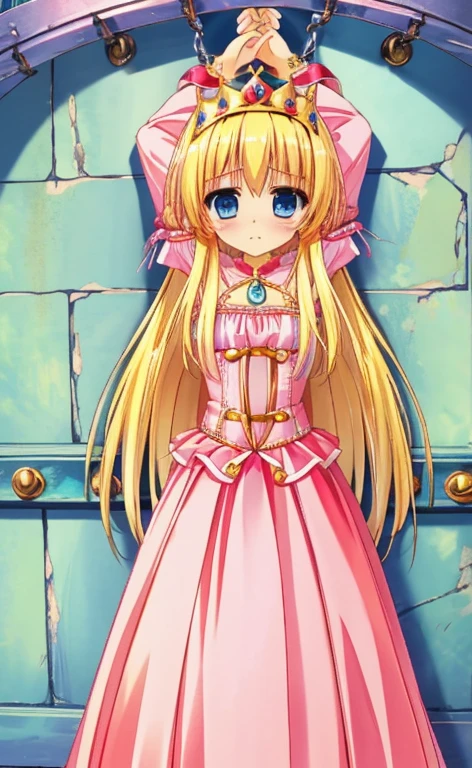 Beautiful long blonde　Blue Eyes　Princess in a pink dress　Gold Tiara　Long sleeve　Long skirt　Teary-eyed　 prison cell　dungeon-background　chained to the wall　arms up　cuffed