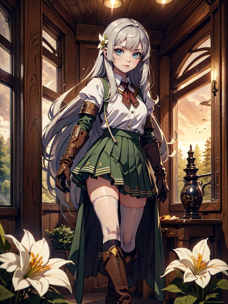 Ultra High Definition, Ultra High Quality, Hyper Definition, Hyper Quality, Hyper Detailed, Extremely Detailed, Perfectly Detailed, 8k, 1 Anime Female,  Long Silver Hair, Women's Vest, ((Luxury School Pleated Skirt)), Brown Boots On Heels, Tights, Gloves, Solid Green Eyes, Cheerful Expression, White Flower Barrette, Dressed in School Uniform , Forest Panoramic Background