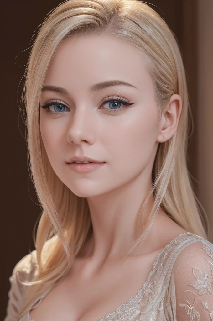 A tired beautiful blonde adult woman with a soft face, extremely detailed eyes and face, long eyelashes, wearing modest clothes, elegant silk flower background, cinematic photorealistic lighting, dramatic night scene, (best quality,4k,8k,highres,masterpiece:1.2),ultra-detailed,(realistic,photorealistic,photo-realistic:1.37),cinematic,dramatic,moody,warm light