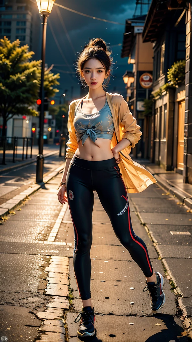 best quality, masterpiece, cinematic lighting, intricate, cinematic detailed realistic background, detailed face, full body, small breasts, realistic, ligne claire, , , 1girl jogging, cityscape, night, tied shirt, looking at viewer, tattoo, model pose, open cardigan, ringed yellow eyes, streetlight, lamppost, yoga pants, split-color hair, glasses,, ,  