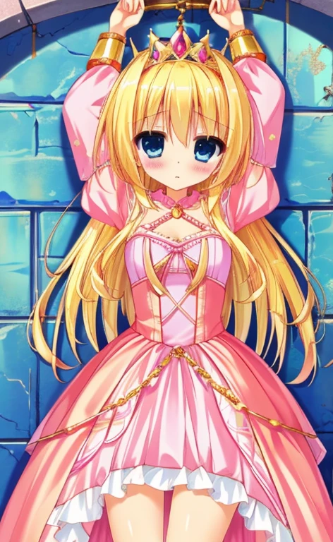 Beautiful long blonde　Blue Eyes　Princess in a pink dress　Gold Tiara　Long sleeve　Long skirt　Teary-eyed　 prison cell　dungeon-background　chained to the wall　arms up　cuffed