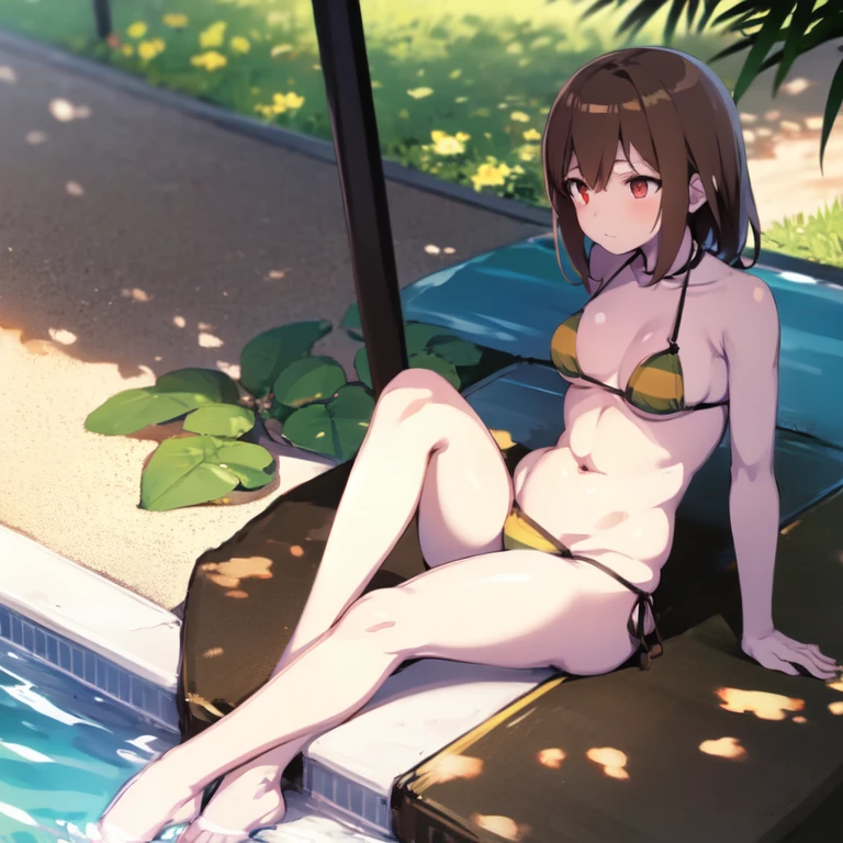 Chara, (1girl,solo), side-tie bikini, beach, bare shoulders,the retracted stomach, the side of the pool, sexy hips,High Resolution, Brown Hair, Red Eyes, Blurred Foreground, lotus position