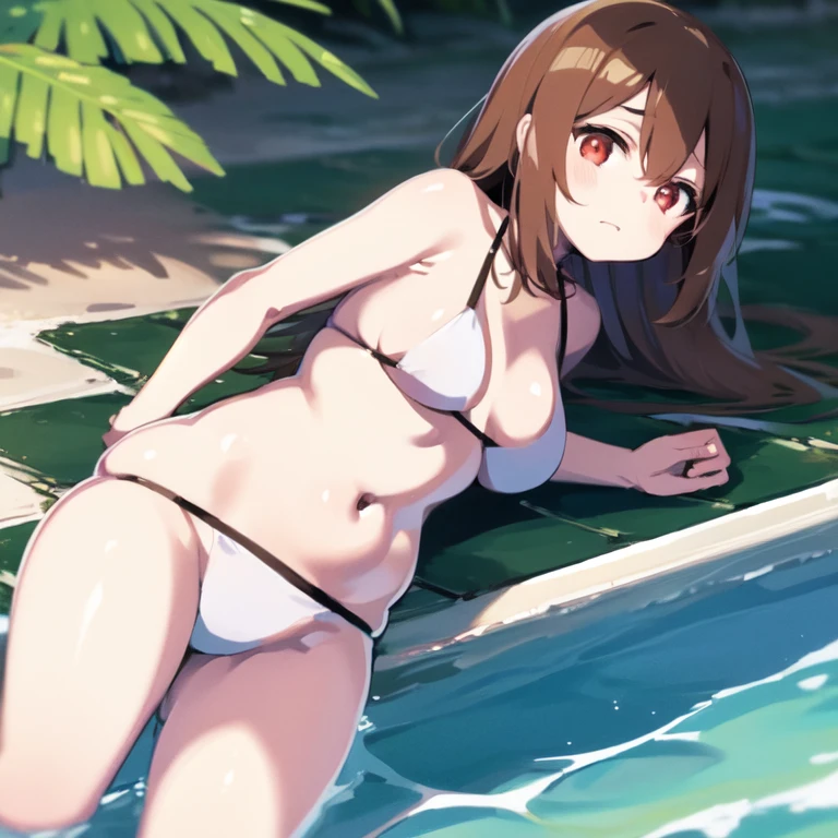 Chara, (1girl,solo), side-tie white bikini, beach, bare shoulders,the retracted stomach, the side of the pool, sexy hips,High Resolution, Brown Hair, Red Eyes, Blurred Foreground, 