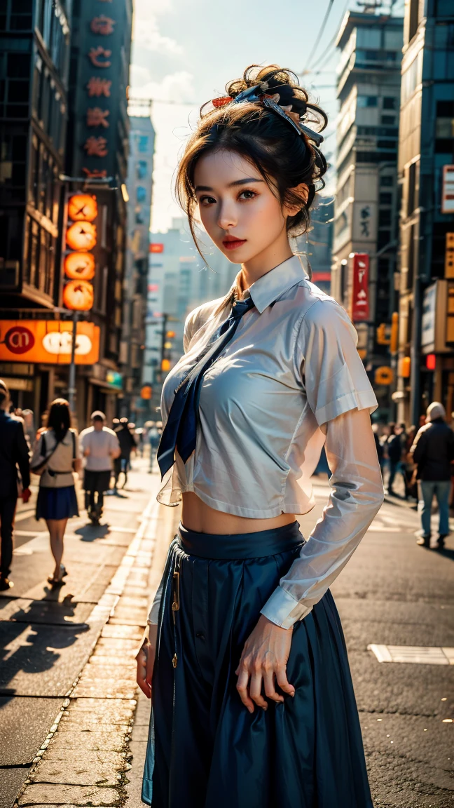 (8k, RAW photo, masterpiece:1.3), (realistic, photo-realistic:1.37), (night), (looking at viewer:1.331), (white hair), posing, Tokyo street, nightcityscape, cyberpunk city, soft light, 1girl, extremely beautiful face, bust, put down hands, Random hairstyle, Random expression, big eyes, lower abdomen, (short-sleeved .JK_shirt), JK_style, (dark blue JK_skirt), (bow JK_tie), mix4., best quality