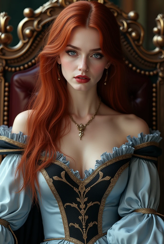 Beautiful, Elegant Historical Nobel Lady,Dark red hair,bright yellow eye,Long hair, Seductive dress , sitting on a royal bed ,Savage facial expression