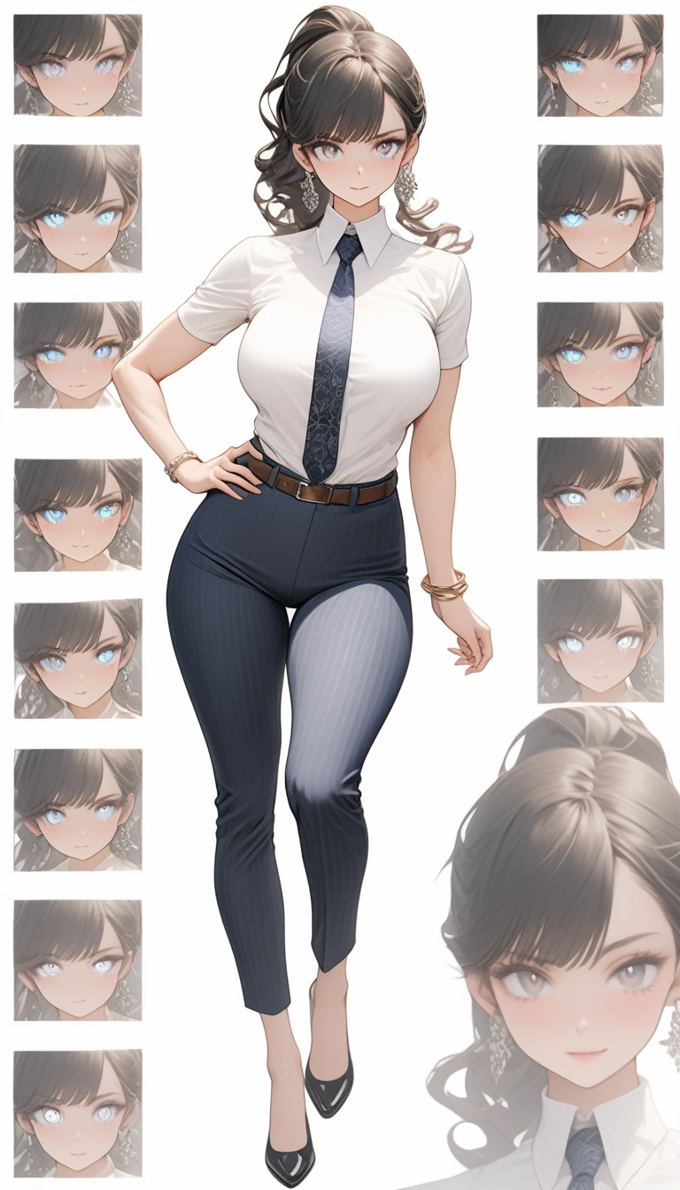 ((masterpiece)), ((high quality)),((ultra-detailed)), ((extremely detailed)),4K,8K, ((character portrait)), wearing navy business pants on beautiful buttocks, ((in navy business pants)), white shirt with stripe patterned, tuck in shirt, 20 years old, a beautiful woman, very tall woman with great style, perfect big breasts, middle big ass, narrow body, brown belt, 1girl, solo, middle long black hair, black hair with blue accent, wavy hair, blunt bangs, short ponytail, high ponytail, Smirking eyes, perfect hands, perfect face, perfect eyes, perfect body, serious, silver earrings, black eyes, navy striped patterned necktie, front view, beautiful legs, (white plain background:1.8), black patterned floury pumps, cold beauty, mysterious eyes, (full body:1.7), bracelet on left arm, futuristic, muscular body, lower one's hips a little, cold beauty,(unusual pupils), (glowing eyes), (magic eyes)