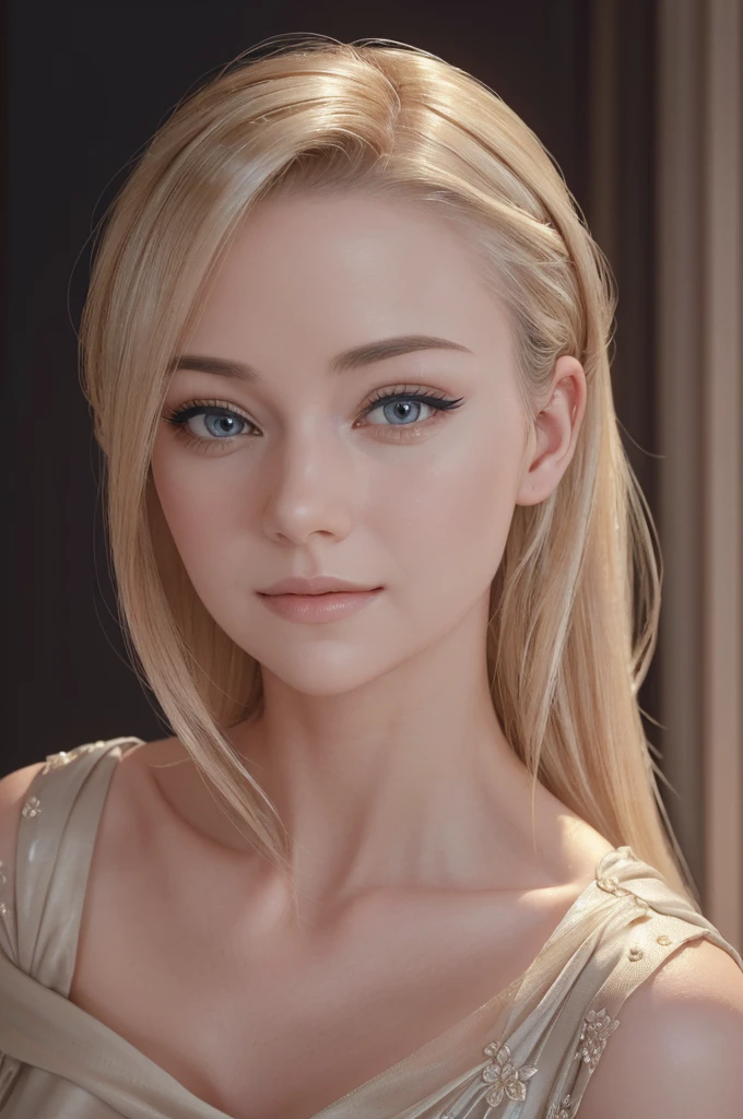 A tired beautiful blonde adult woman with a soft face, extremely detailed eyes and face, long eyelashes, wearing modest clothes, elegant silk flower background, cinematic photorealistic lighting, dramatic night scene, (best quality,4k,8k,highres,masterpiece:1.2),ultra-detailed,(realistic,photorealistic,photo-realistic:1.37),cinematic,dramatic,moody,warm light