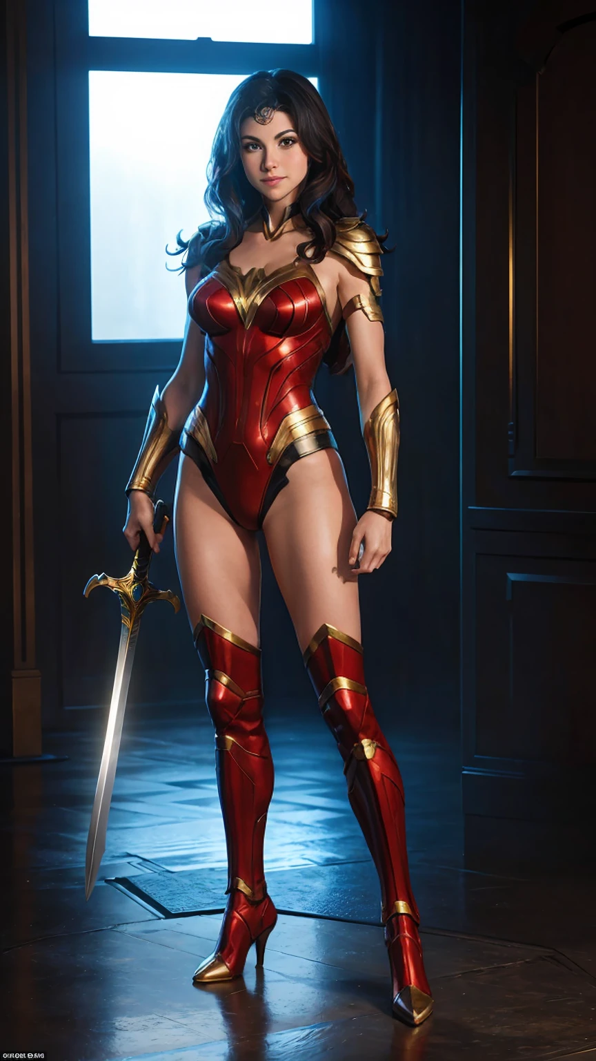 ((full body photo, standing, feet on the floor))
Gal Gadot Wonder women, hot pose , armour, muscular lust full body , holding sword ,  smile on her face, detailed body, detailed, breasts, detailed face, detailed eyes, detailed pussy, towpice bikini armour , 