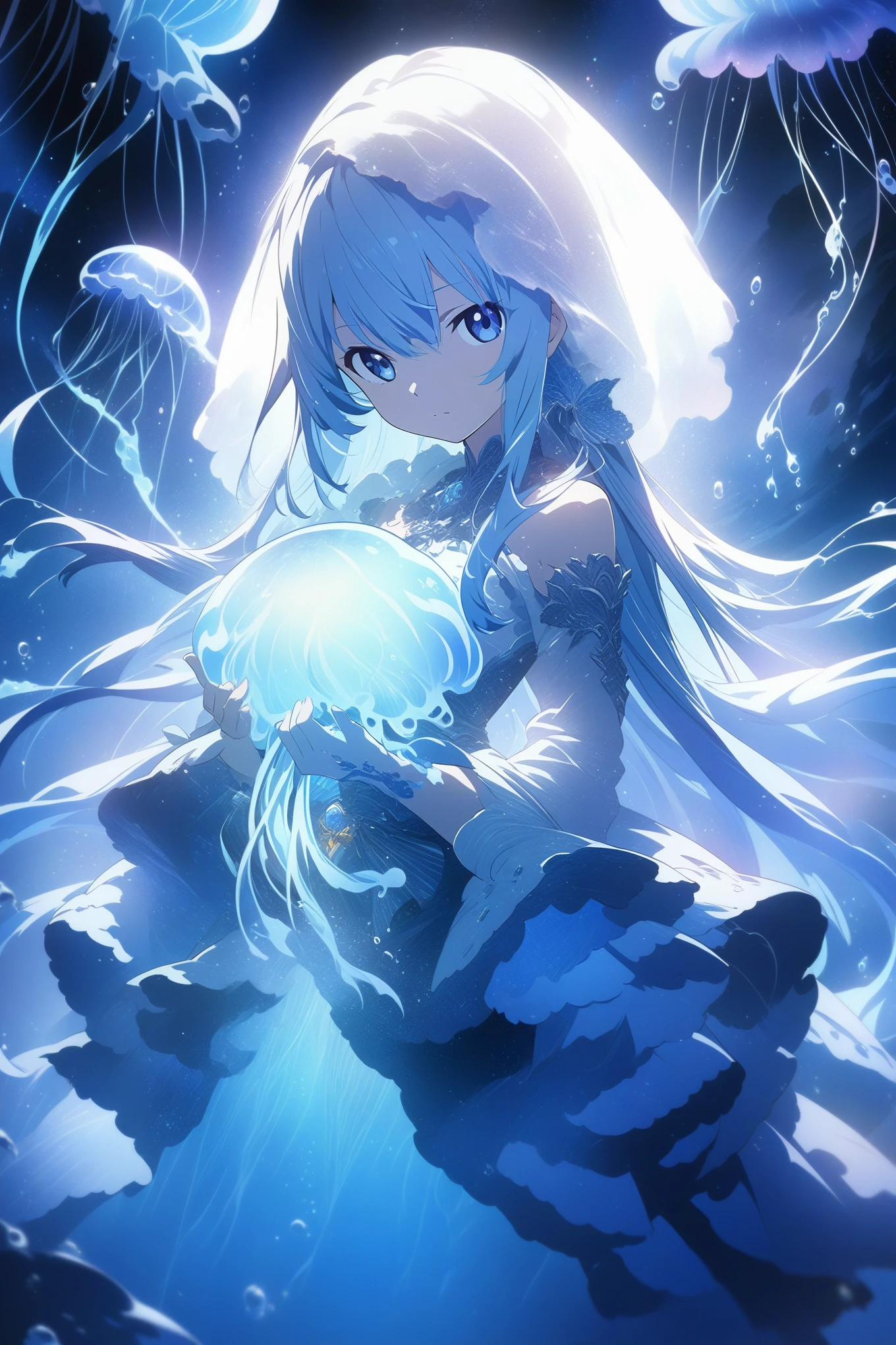 a beautiful anime girl holding a glowing jellyfish in her hands, fantasy anime, 4k anime art wallpaper, blue water anime art wallpaper, deep sea, 8k anime art wallpaper, 4k anime wallpaper, anime fantasy artwork, glowing blue water spirit, anime style 4k