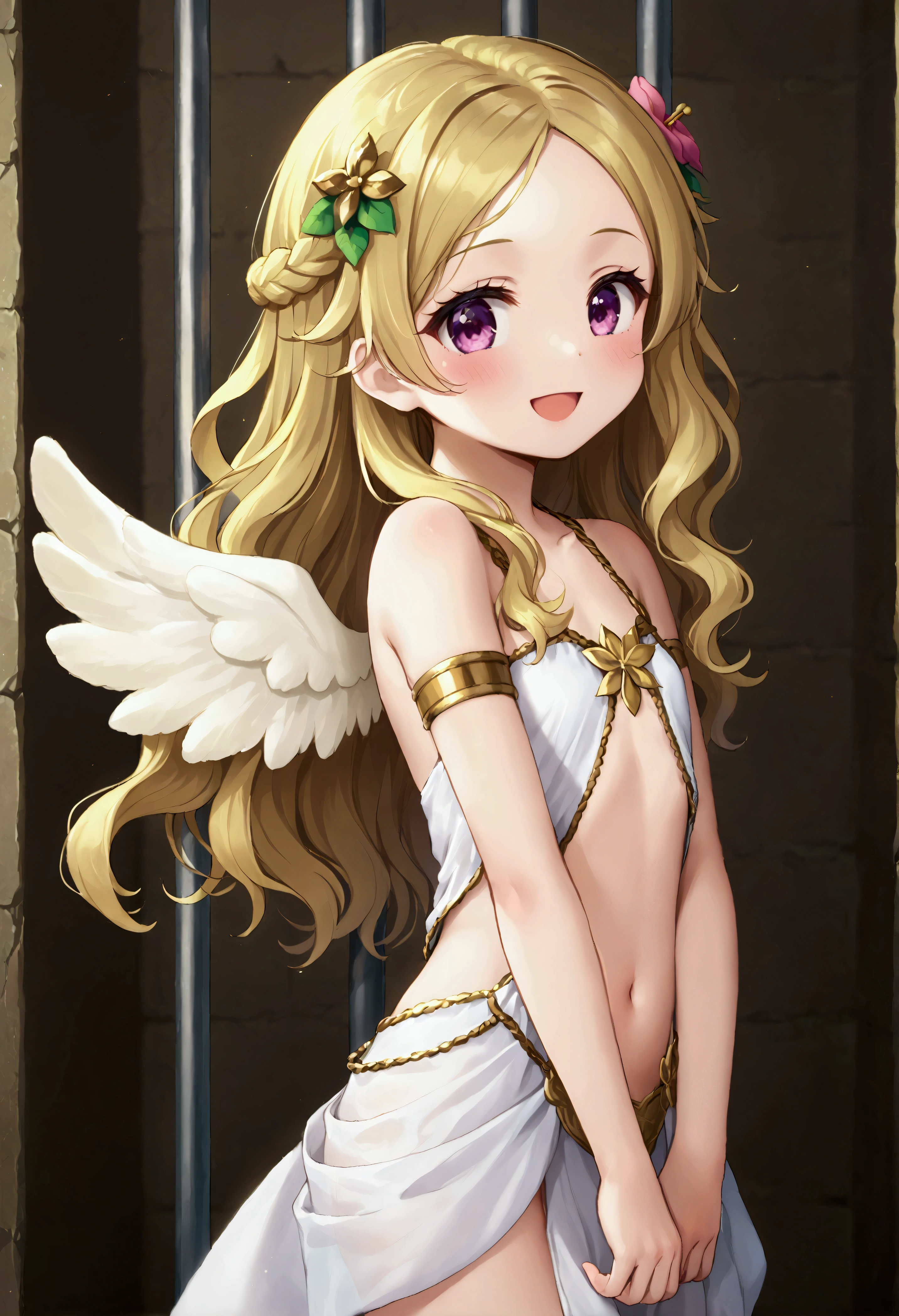 Small short young looking girl, white wings on her back, wearing a cute revealing white and gold greek goddess outfit, long wavy blonde hair, happy and bubbly expression, flat chest, standing in a prison cell, cute decorative hair pin, flirty pose, flower in hair.