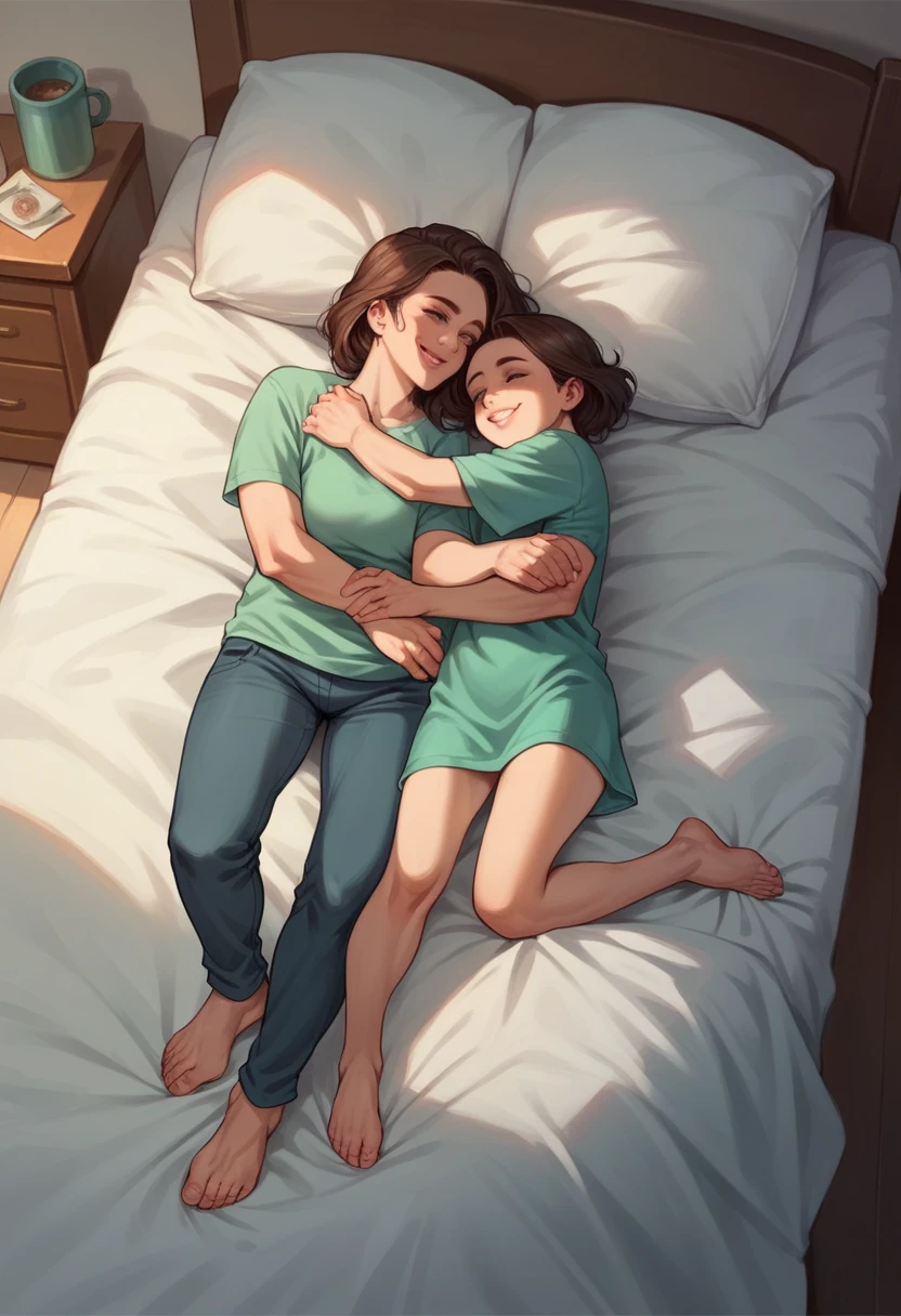 score_9, score_8_up, score_7_up, source_anime, 1boy, 1girl, mature female, mother and son, ???, hug, smile, staring at each other, lying on bed, full body, sexy, hetero