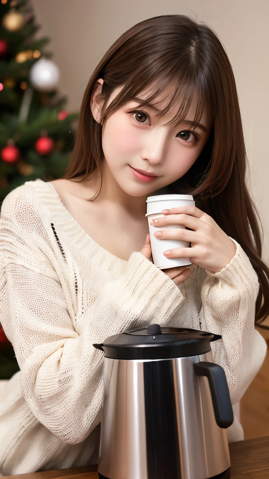 Christmas Sweaters, Cute sweater coffee machine dynamic shot fever々A cup of coffee、Seventeen year old high school girl、Big Breasts、