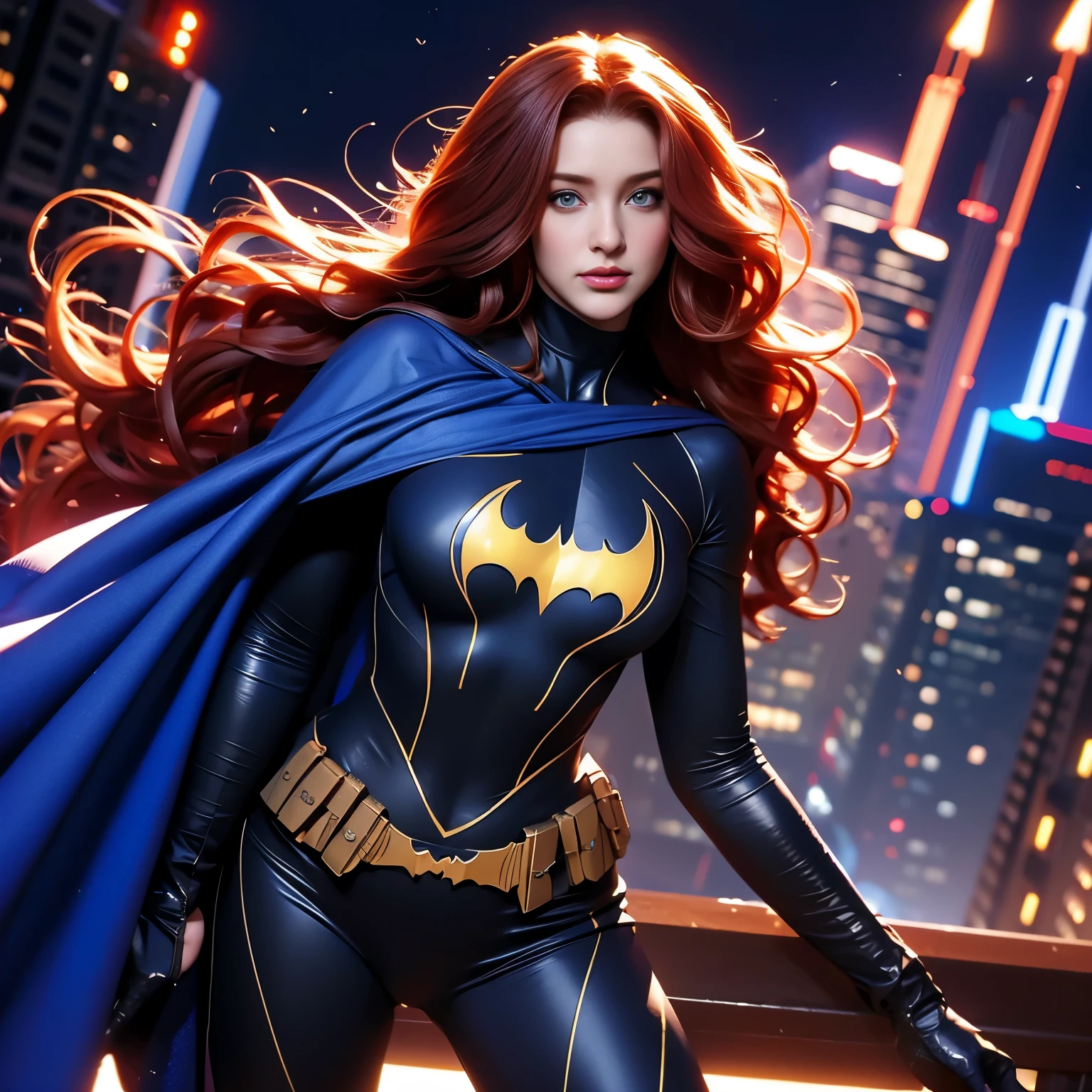 “Woman, long curly hair, red hair, blue eyes,full body, soft, cute, batgirl suit wide open, high nose, sharp eyes, noble and inviolable temperament, show nipples, show vagina, open legs:1.4