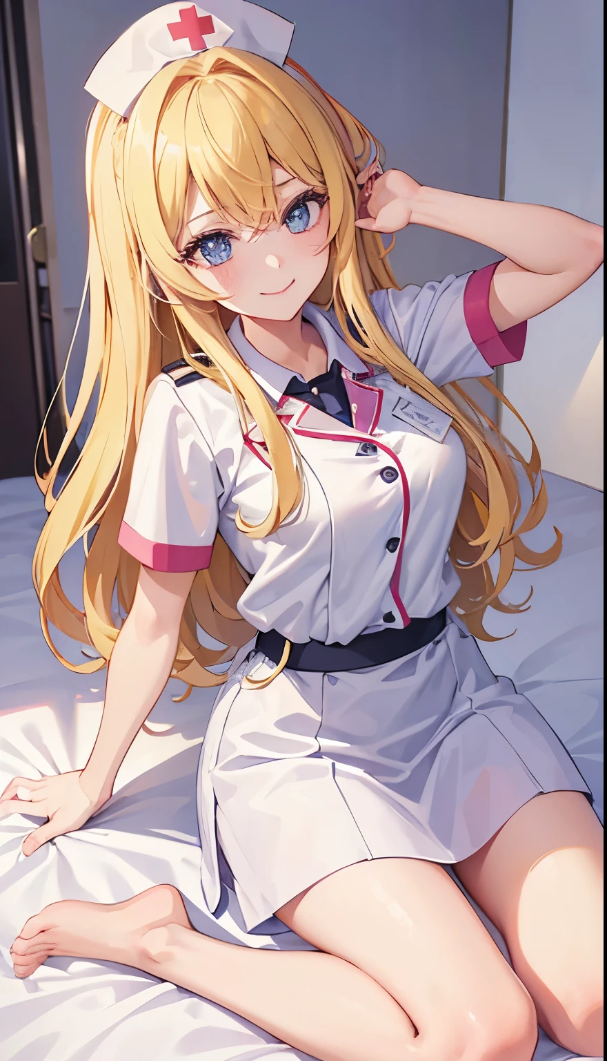 (Best quality, 8k, 32k, Masterpiece, UHD:1.2),Photo of Pretty Japanese woman, 1girl, (large breasts), double eyelid, White nurse uniform, small white nurse (cap), white shirt, open shirt, hospital, patient's room, upper body, sexy、(full shot:1.8)
