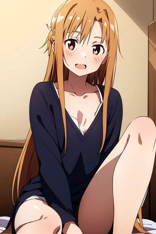 ((Best Quality)), ((masterpiece)), (be familiar with), Perfect Face, indoor, bedroom, Watching the audience,
One woman, Yuuki Asuna,
Open Mouth, Ecstatic expression, blush, smile,
Small breasts, Flat Chest, , , child, Girl,
Long Hair, Long Hair,
Leg spread,