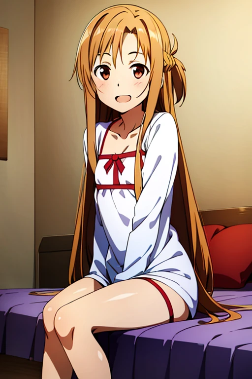 ((Best Quality)), ((masterpiece)), (be familiar with), Perfect Face, indoor, bedroom, Watching the audience,
One woman, Yuuki Asuna,
Open Mouth, Ecstatic expression, blush, smile,
Small breasts, Flat Chest, , , child, Girl,
Long Hair, Long Hair,
Leg spread,